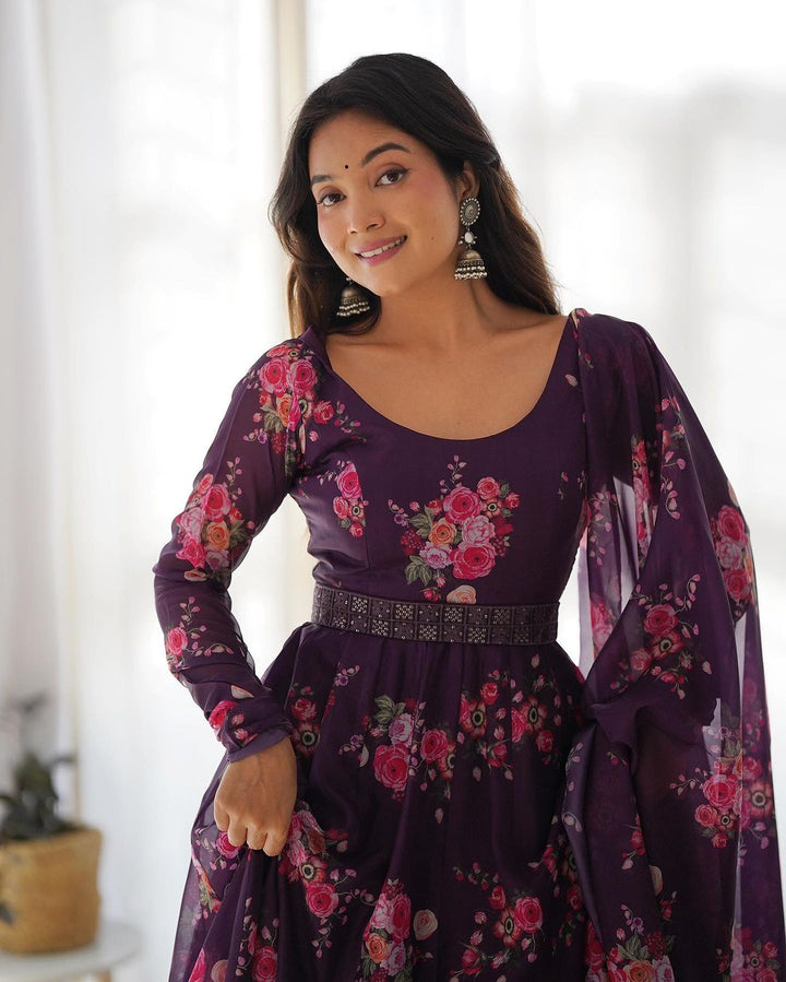 Wine Purple Color Floral Print Soft Organza Silk Kali Cut Anarkali Suit  - By Qivii