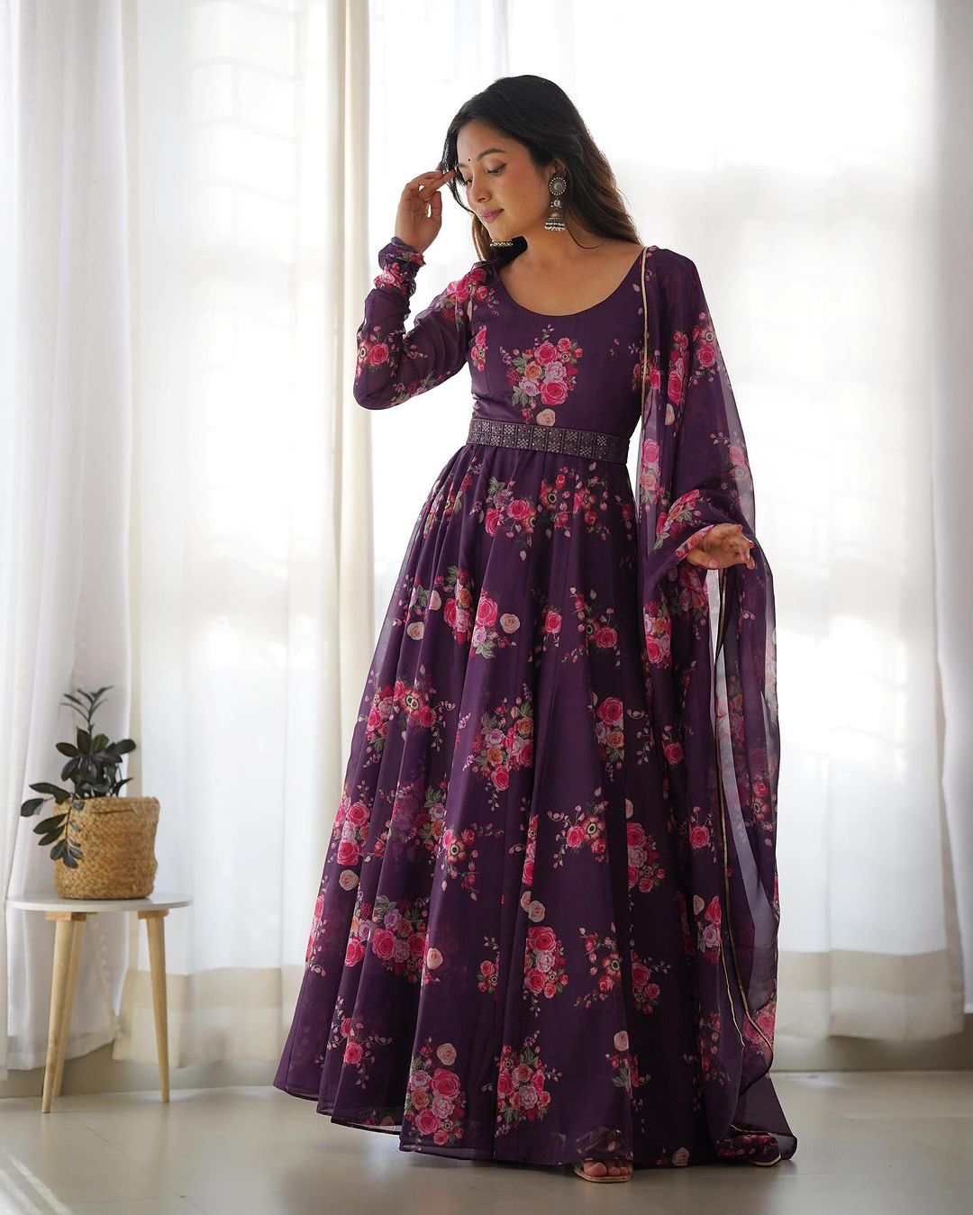 Wine Purple Color Floral Print Soft Organza Silk Kali Cut Anarkali Suit  - By Qivii