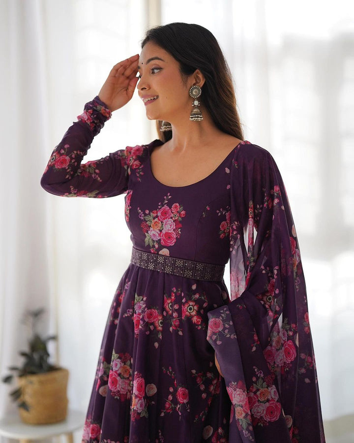 Wine Purple Color Floral Print Soft Organza Silk Kali Cut Anarkali Suit  - By Qivii