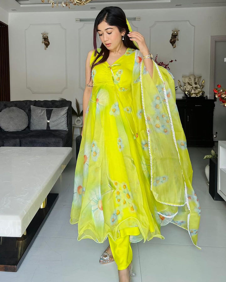 Neon Color Printed Soft Organza Anarkali Three Piece Suit  - By Qivii