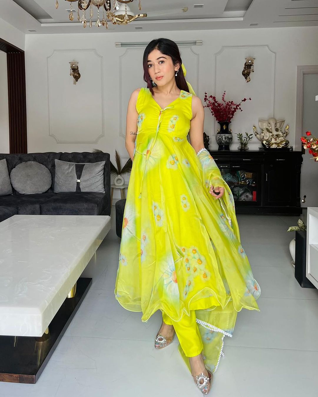 Neon Color Printed Soft Organza Anarkali Three Piece Suit - By Qivii – qivii