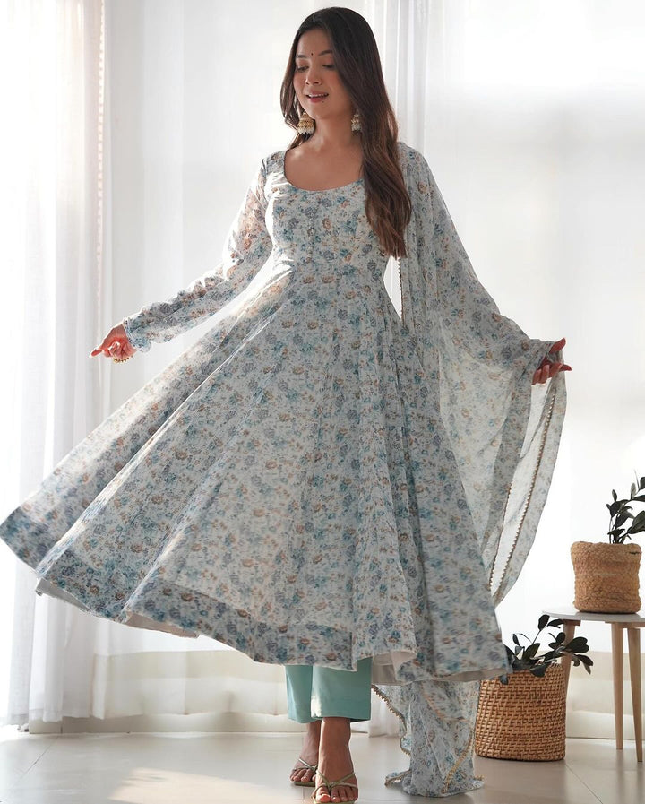 White Heavy Chiffon Floral Print With Fully Flair Three Piece Anarkali Suit  - By Qivii