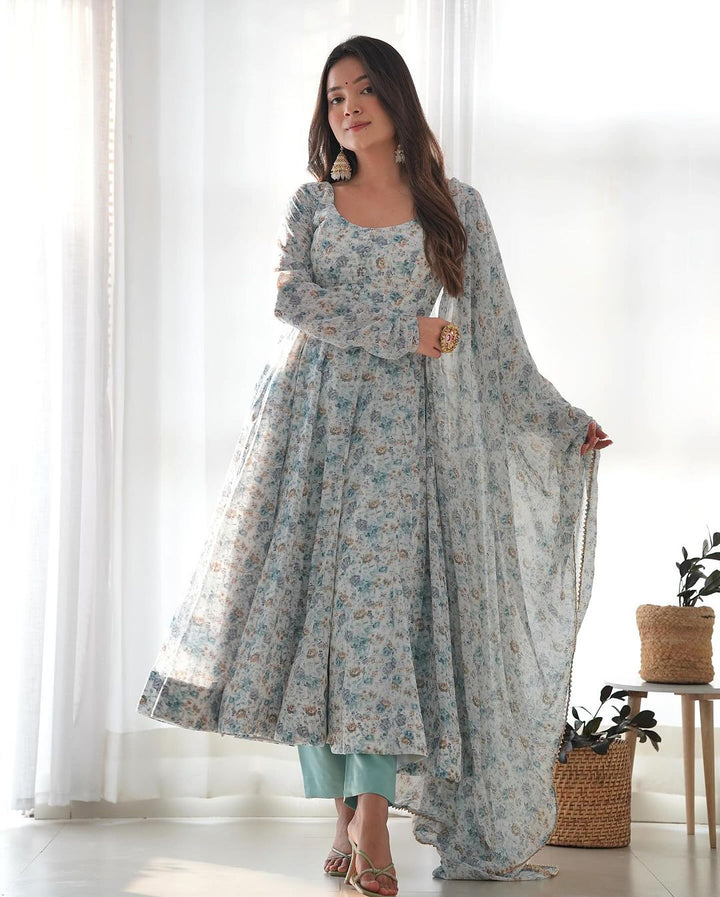 White Heavy Chiffon Floral Print With Fully Flair Three Piece Anarkali Suit  - By Qivii