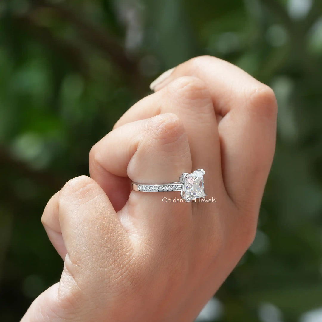 Solitaire Princess Cut Accent Stone Moissanite Ring