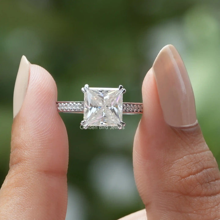 Solitaire Princess Cut Accent Stone Moissanite Ring