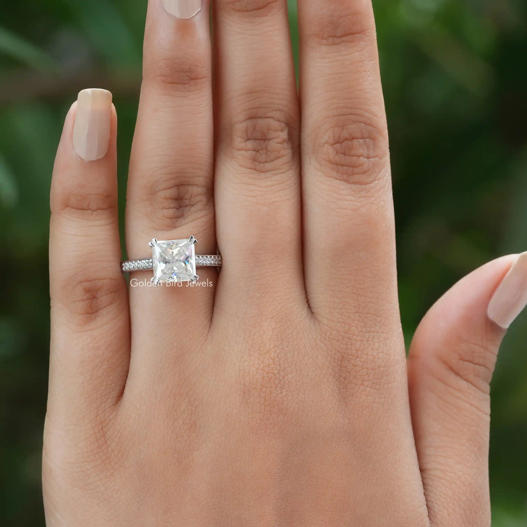 Solitaire Princess Cut Accent Stone Moissanite Ring