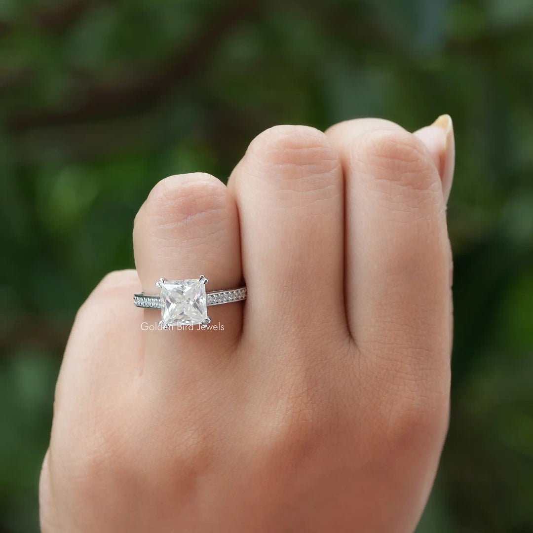 Solitaire Princess Cut Accent Stone Moissanite Ring