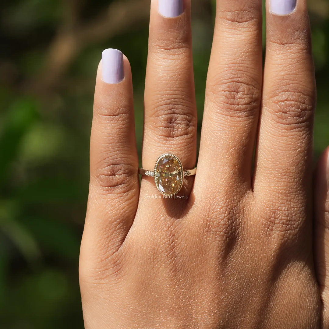 Champagne Oval Cut Solitaire Moissanite Accent Ring