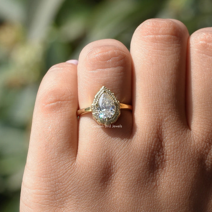 Old Mine Pear Moissanite Milgrain Solitaire Ring