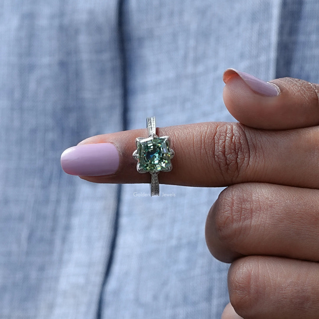 Green Step Cut Cushion Moissanite Engagement Ring