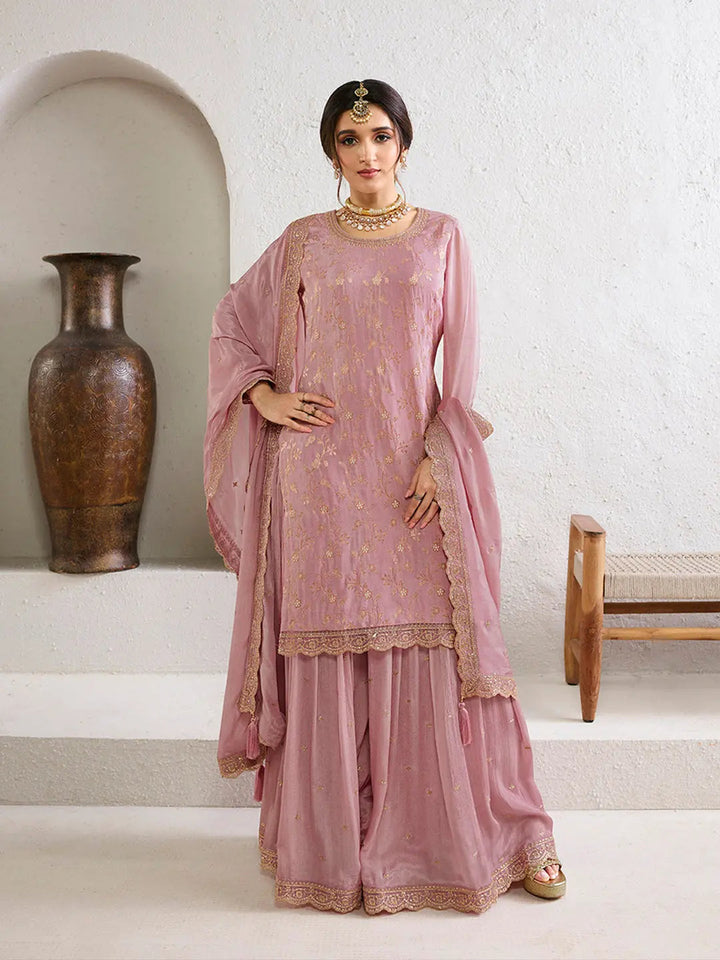 Sweet Lilac Jacquard Jaal work Sharara Suit Set by Qivii