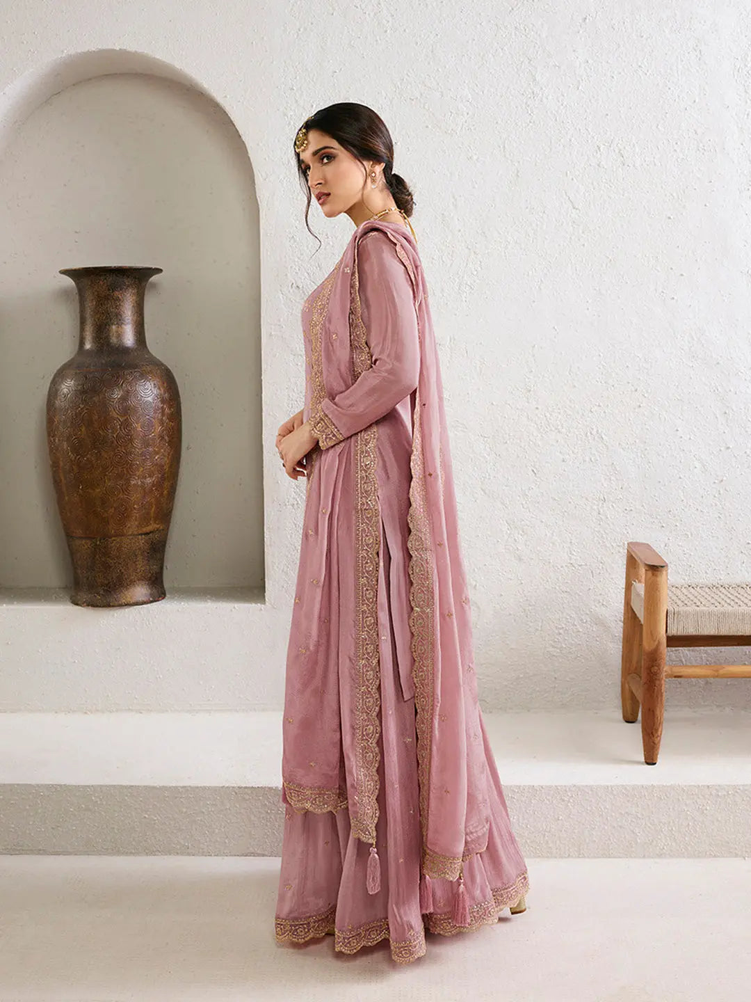 Sweet Lilac Jacquard Jaal work Sharara Suit Set by Qivii