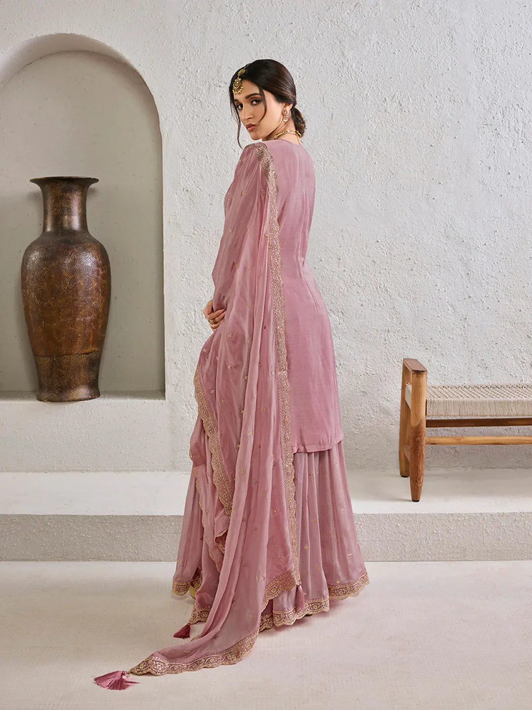 Sweet Lilac Jacquard Jaal work Sharara Suit Set by Qivii