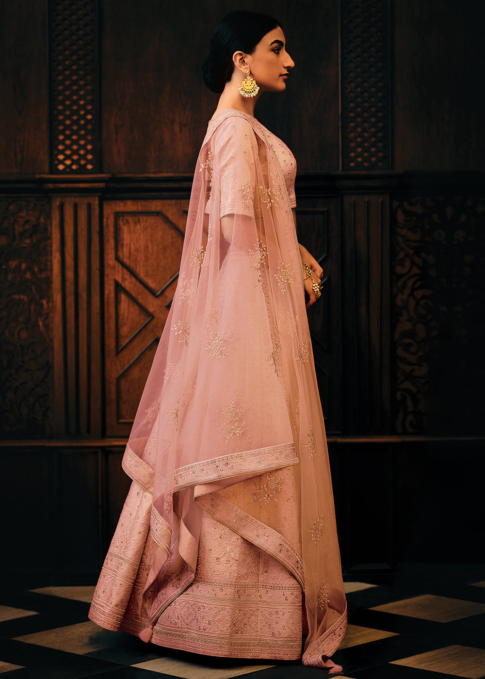 Pinkish Orange Raw Silk Lehenga Choli with Embroidery Work  - By Qivii