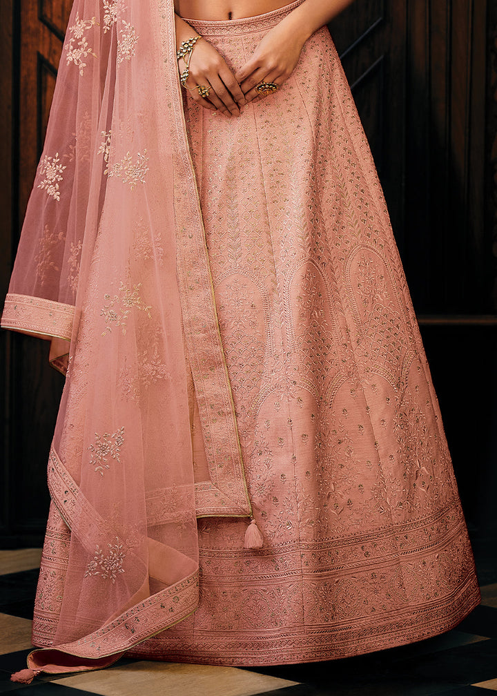 Pinkish Orange Raw Silk Lehenga Choli with Embroidery Work  - By Qivii