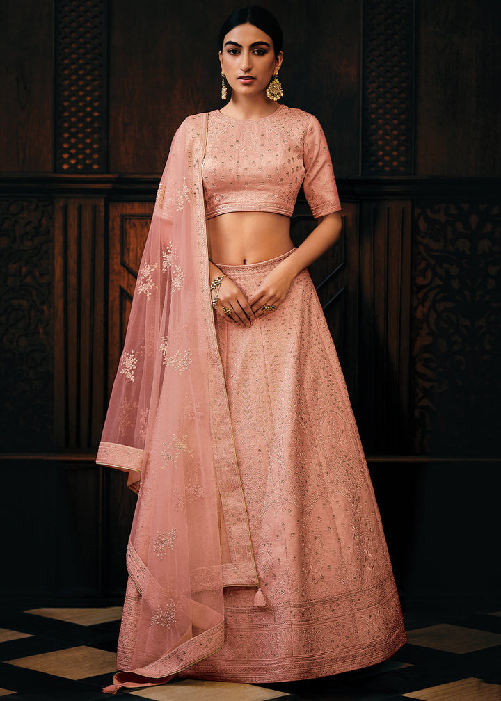 Pinkish Orange Raw Silk Lehenga Choli with Embroidery Work  - By Qivii