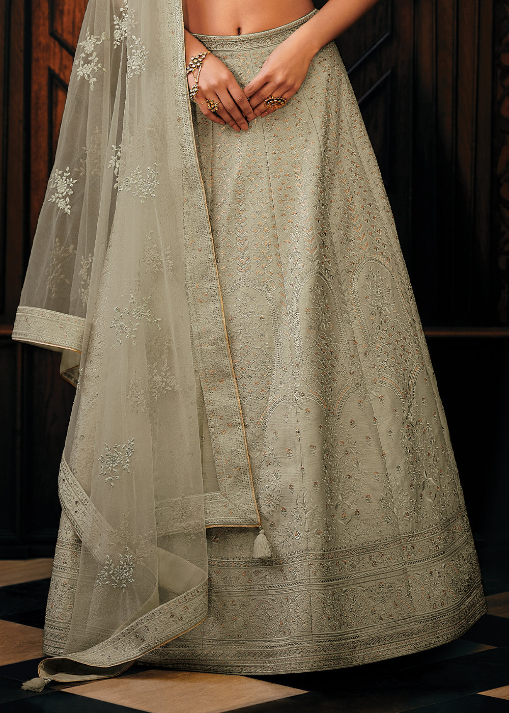 Trout Grey Raw Silk Lehenga Choli with Embroidery Work  - By Qivii