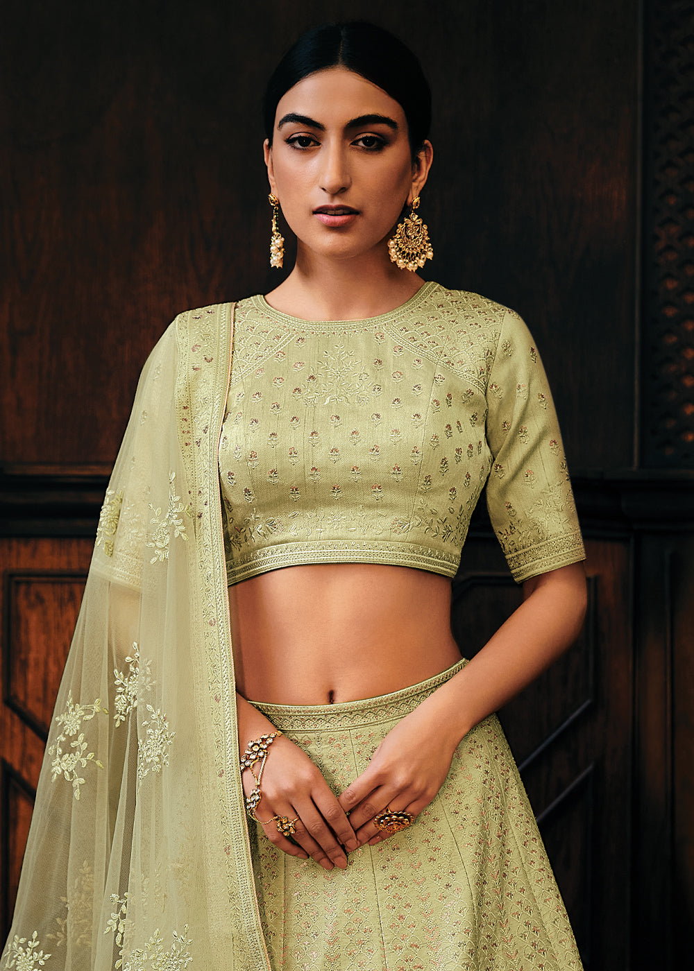 Light Green Raw Silk Lehenga Choli with Embroidery Work  - By Qivii