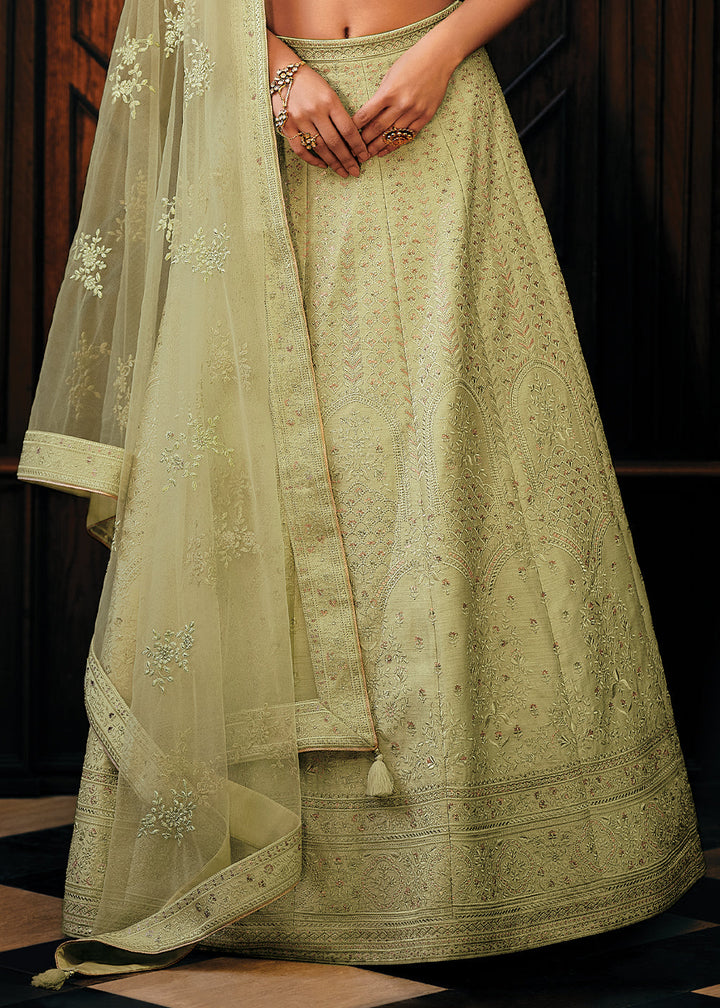 Light Green Raw Silk Lehenga Choli with Embroidery Work  - By Qivii