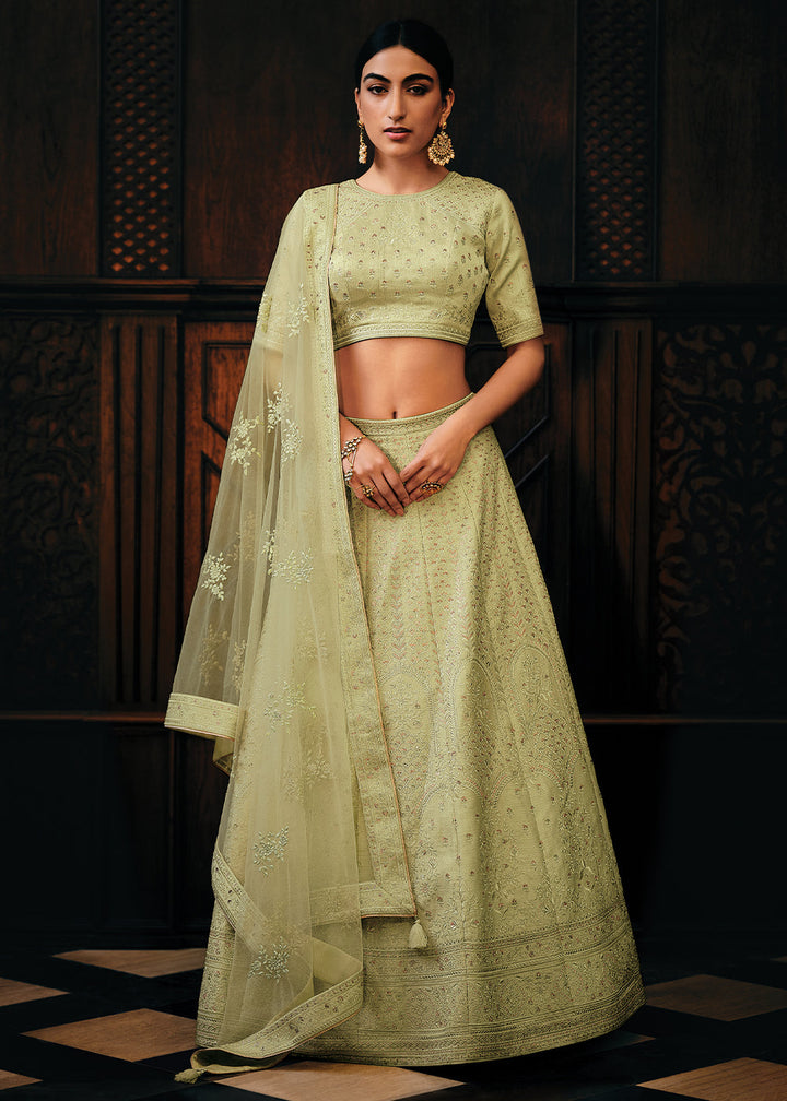 Light Green Raw Silk Lehenga Choli with Embroidery Work  - By Qivii