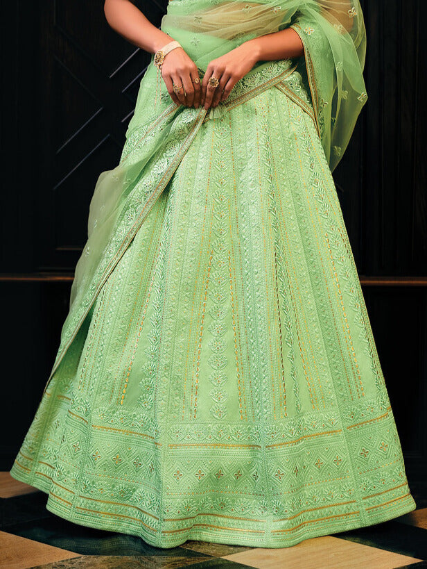 SCREAMIN GREEN RAW SILK LEHENGA CHOLI WITH EMBROIDERY WORK