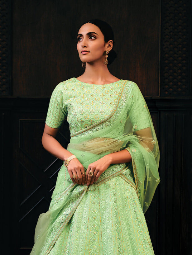 SCREAMIN GREEN RAW SILK LEHENGA CHOLI WITH EMBROIDERY WORK