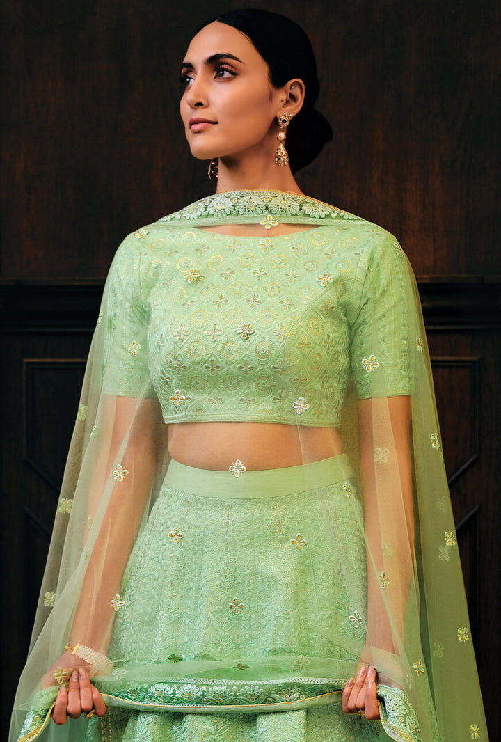 SCREAMIN GREEN RAW SILK LEHENGA CHOLI WITH EMBROIDERY WORK