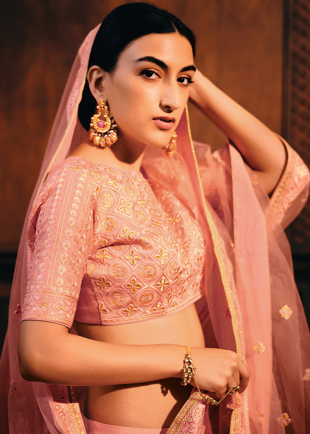 Salmon Pink Raw Silk Lehenga Choli with Embroidery Work  - By Qivii