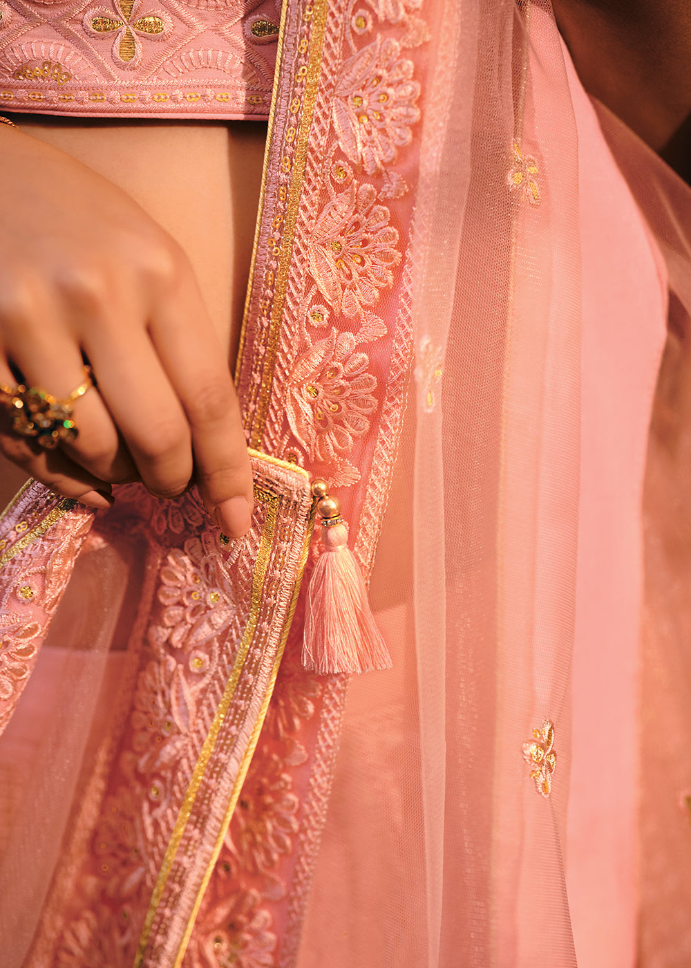 Salmon Pink Raw Silk Lehenga Choli with Embroidery Work  - By Qivii