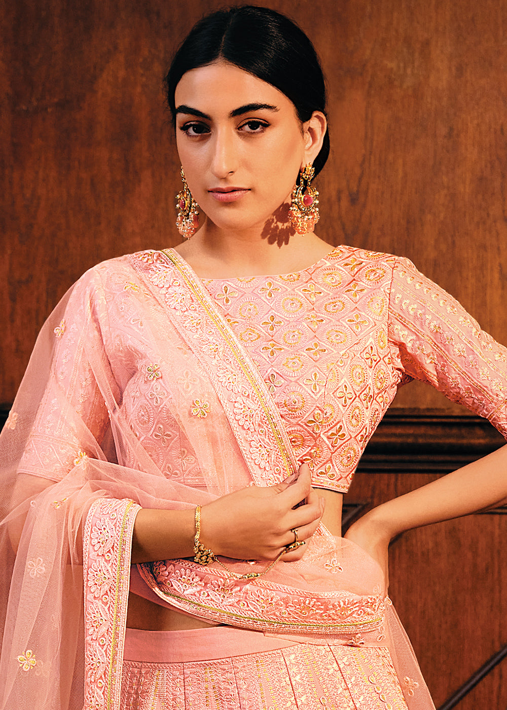 Salmon Pink Raw Silk Lehenga Choli with Embroidery Work  - By Qivii