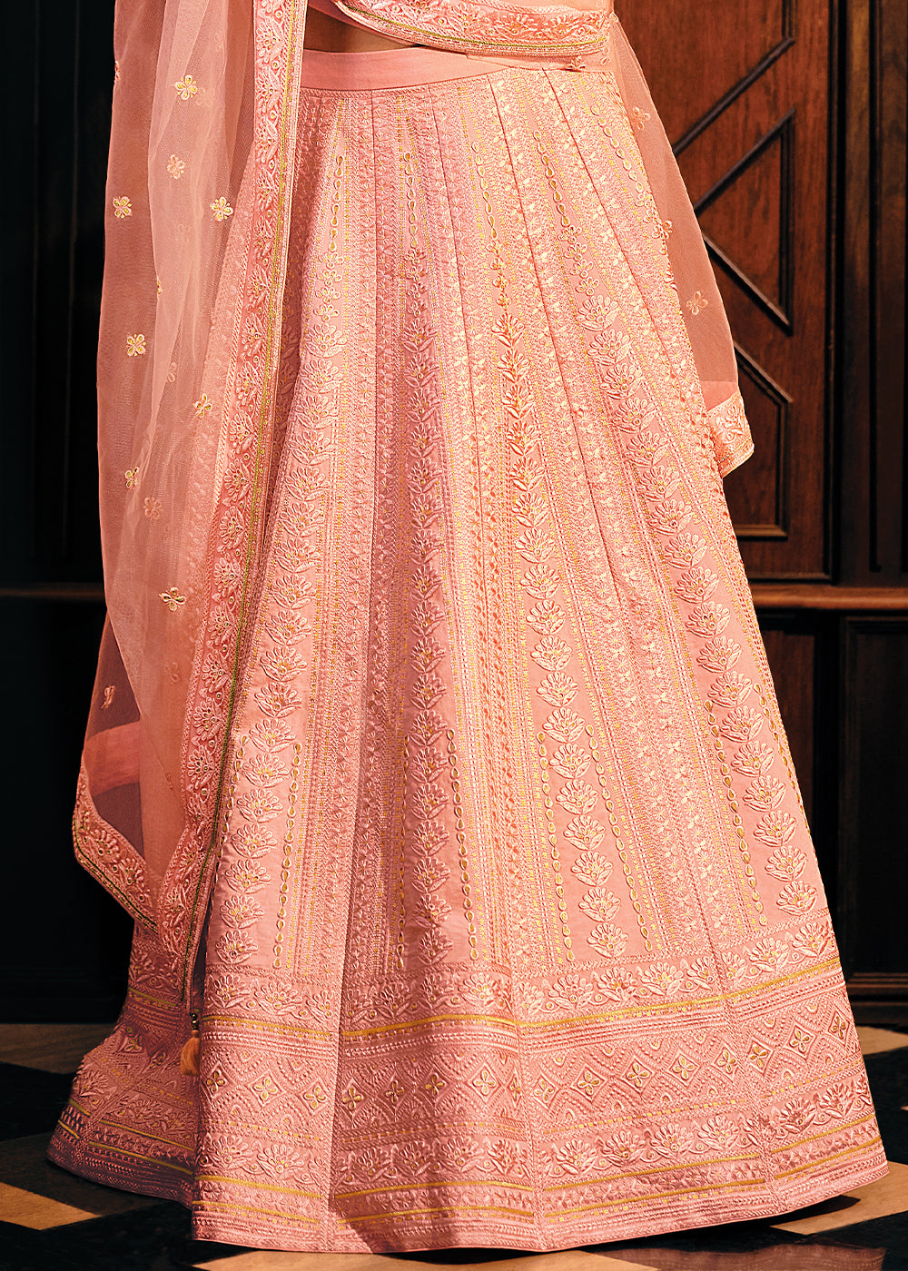 Salmon Pink Raw Silk Lehenga Choli with Embroidery Work  - By Qivii