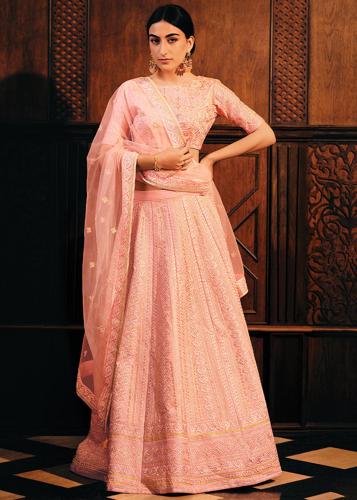 Salmon Pink Raw Silk Lehenga Choli with Embroidery Work  - By Qivii