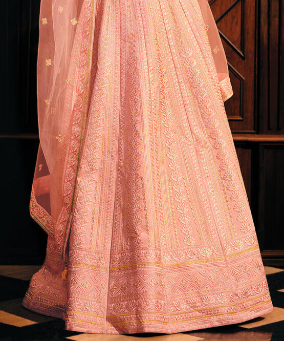 SALMON PINK RAW SILK LEHENGA CHOLI WITH EMBROIDERY WORK