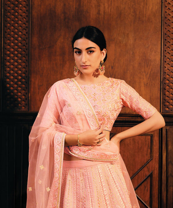 SALMON PINK RAW SILK LEHENGA CHOLI WITH EMBROIDERY WORK