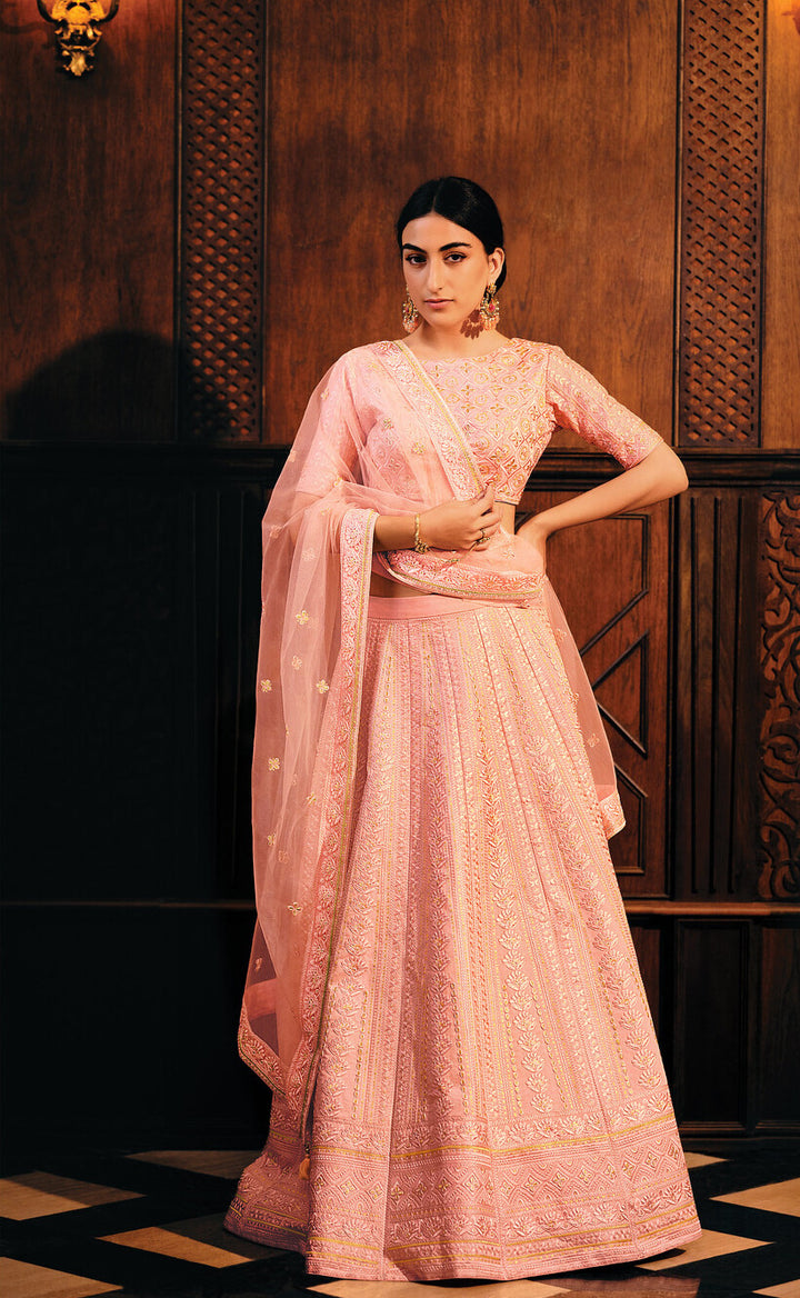 SALMON PINK RAW SILK LEHENGA CHOLI WITH EMBROIDERY WORK