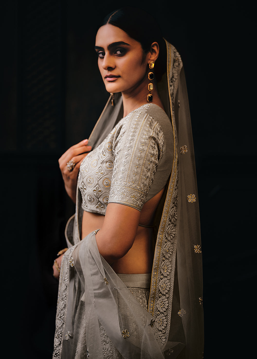 Lava Grey Raw Silk Lehenga Choli with Embroidery Work  - By Qivii