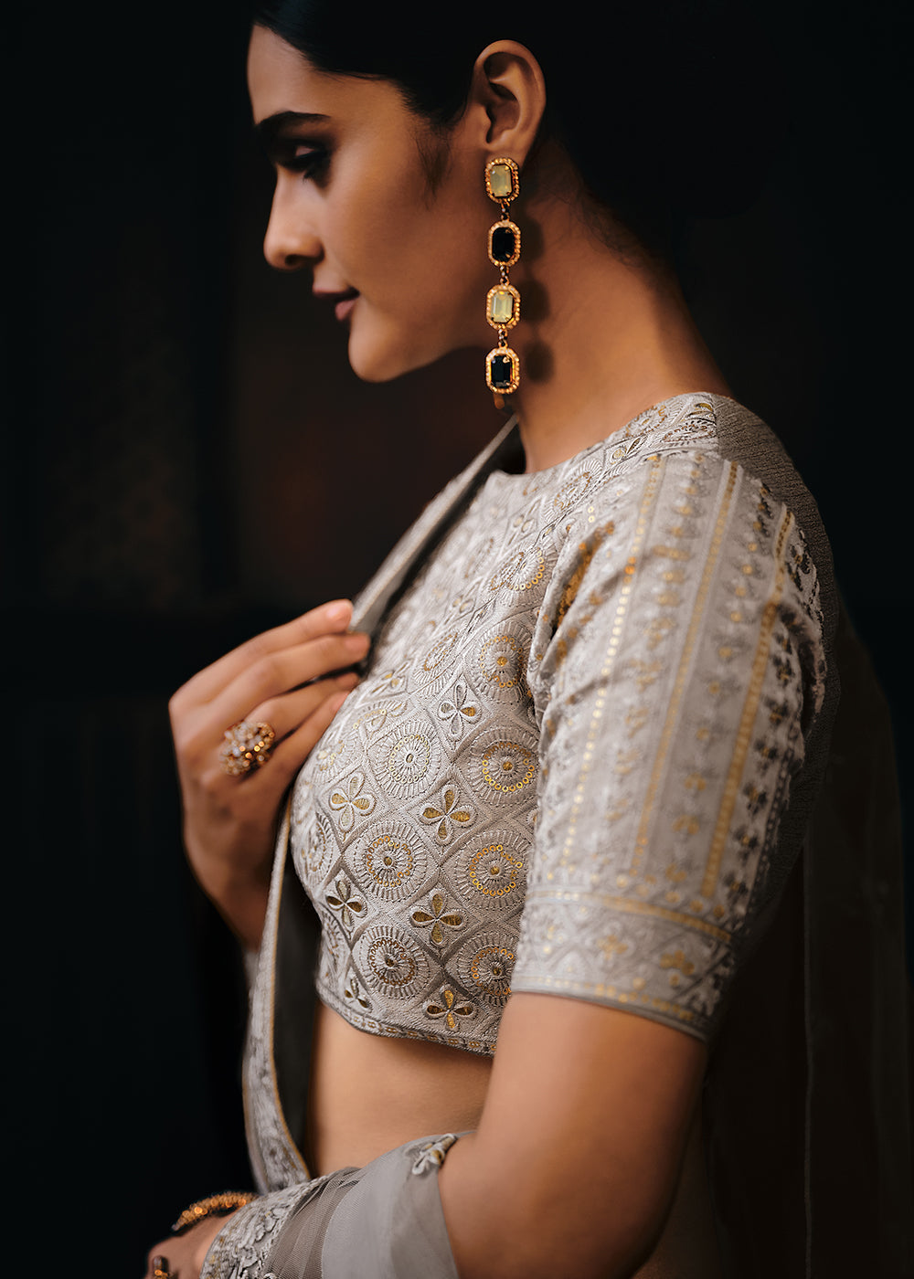 Lava Grey Raw Silk Lehenga Choli with Embroidery Work  - By Qivii