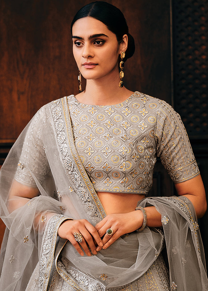 Lava Grey Raw Silk Lehenga Choli with Embroidery Work  - By Qivii