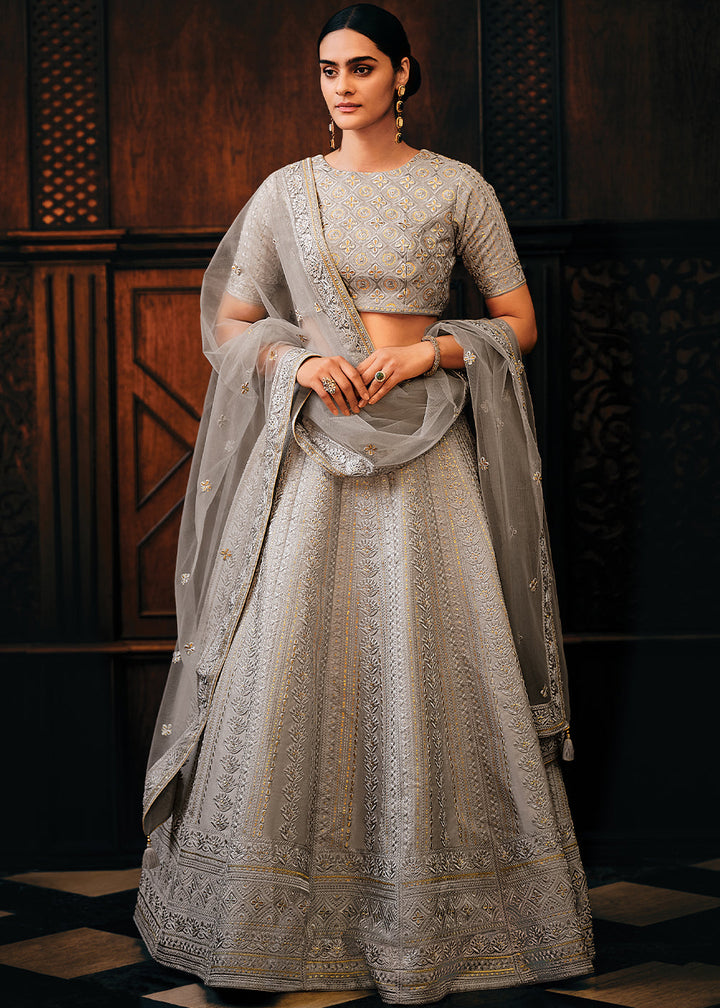 Lava Grey Raw Silk Lehenga Choli with Embroidery Work  - By Qivii