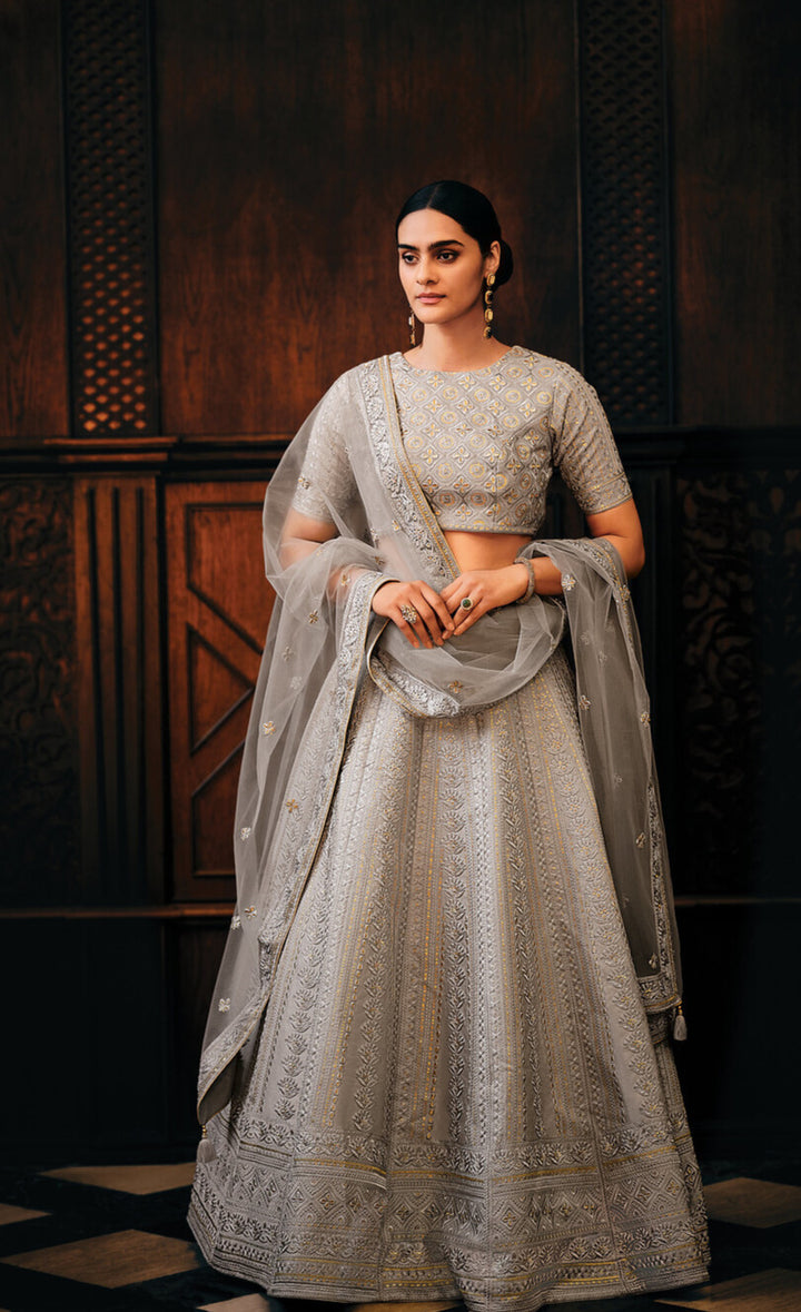 LAVA GREY RAW SILK LEHENGA CHOLI WITH EMBROIDERY WORK