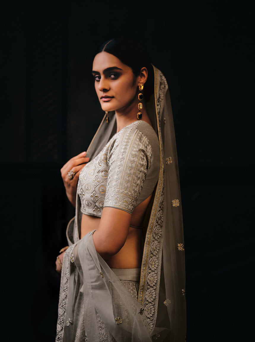 LAVA GREY RAW SILK LEHENGA CHOLI WITH EMBROIDERY WORK