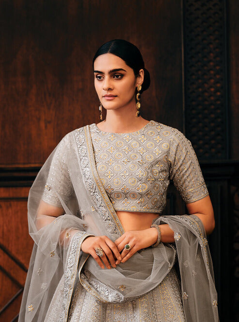 LAVA GREY RAW SILK LEHENGA CHOLI WITH EMBROIDERY WORK