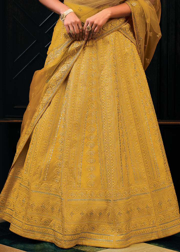 Butterscotch Yellow Raw Silk Lehenga Choli with Embroidery Work  - By Qivii