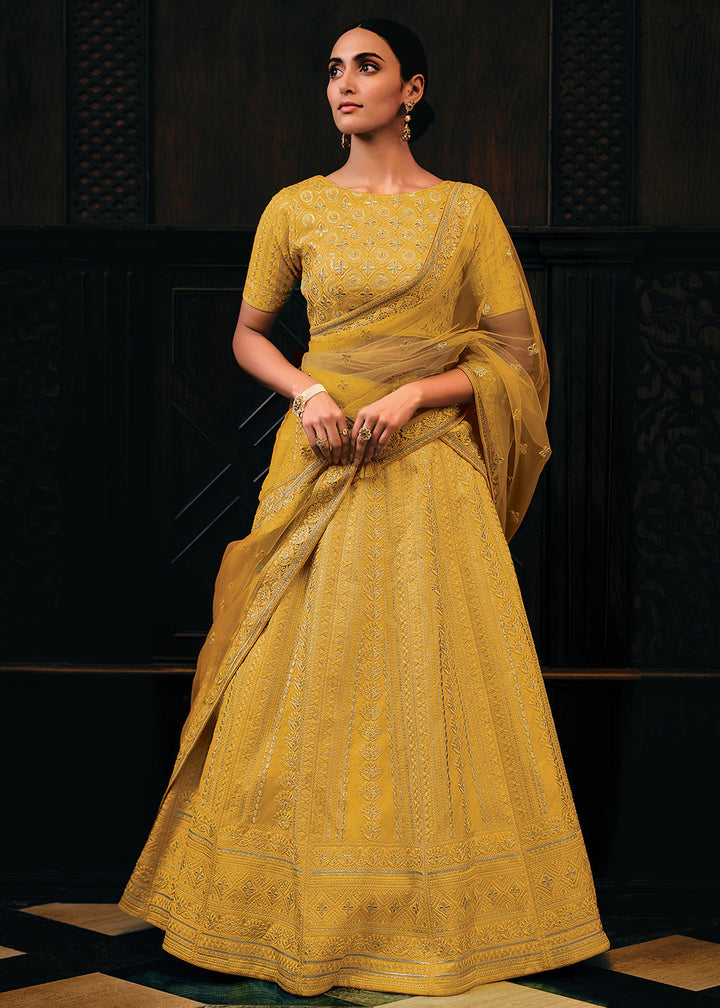 Butterscotch Yellow Raw Silk Lehenga Choli with Embroidery Work  - By Qivii