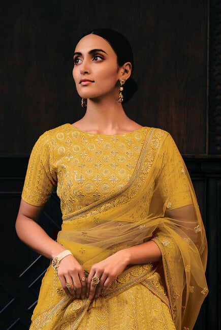 BUTTERSCOTCH YELLOW RAW SILK LEHENGA CHOLI WITH EMBROIDERY WORK