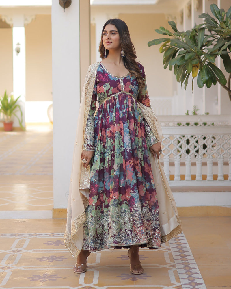 Wedding Wear Floral Embroidered Wine Color Alia Cut Gown With Dupatta  - By Qivii