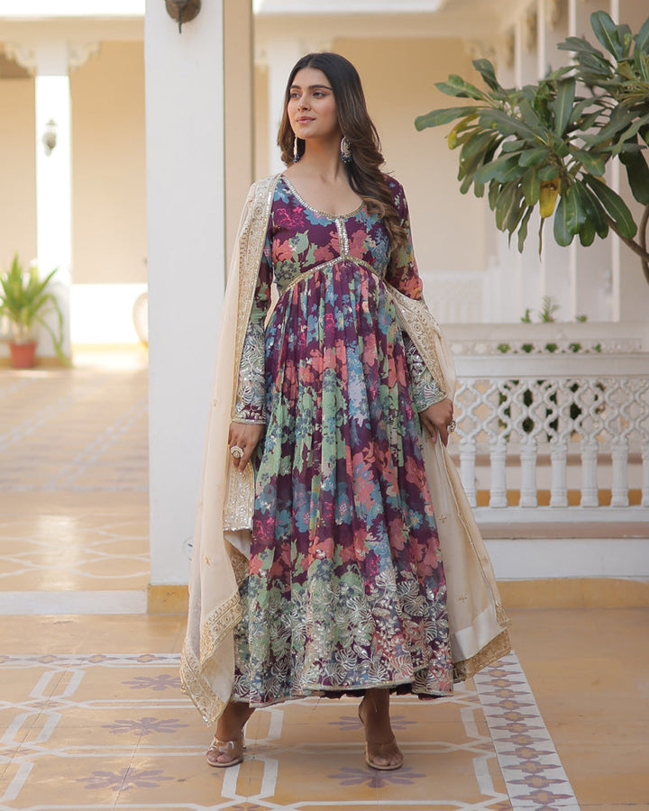 Wedding Wear Floral Embroidered Wine Color Alia Cut Gown With Dupatta  - By Qivii