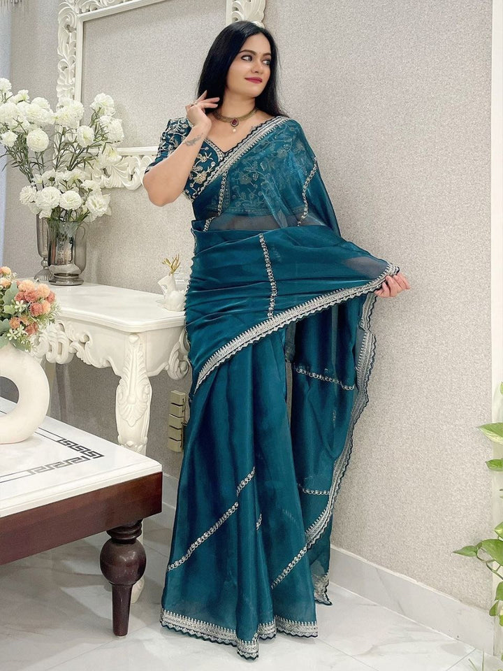 Soft Zimmy Choo Silk Designer Embroidery Work Saree In Teal Color