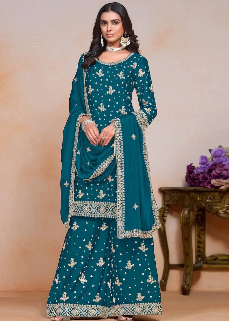 TEAL CHINON WITH EMBROIDERY SEQUENCE DESIGN WORK INNER:CRAP SILK PLAZZO SUIT - INSPIRED