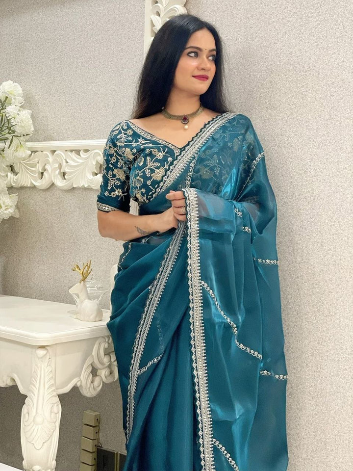 Soft Zimmy Choo Silk Designer Embroidery Work Saree In Teal Color